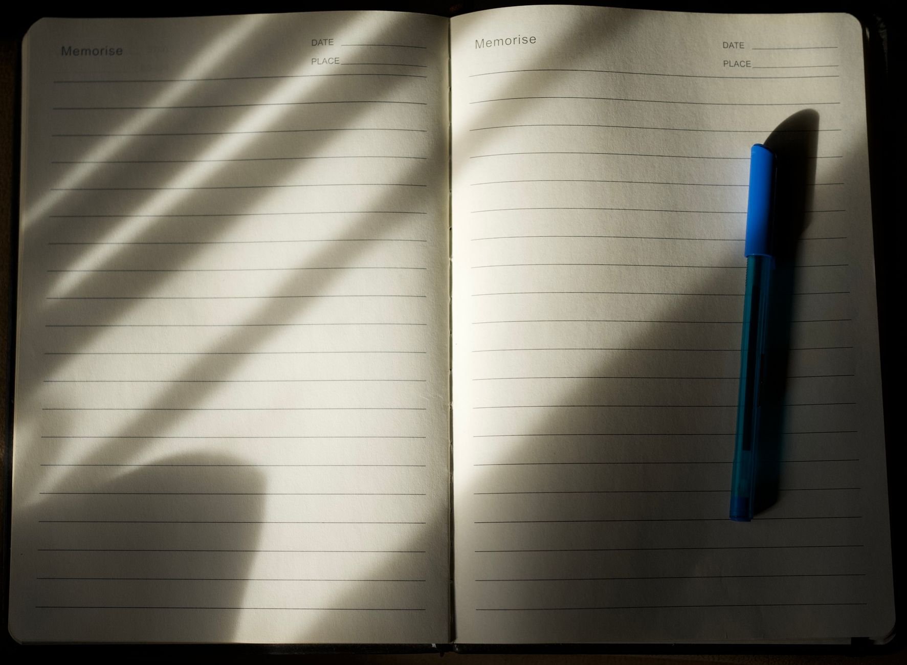 An open lined notebook with a pen under soft natural light